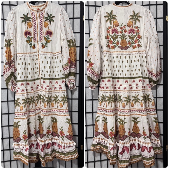 Farm Rio 🌴🍍XL Tropical Pineapple Palm Embroidered Beaded Midi Dress - Picture 4 of 14